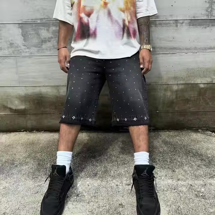 Custom Men's Denim Shorts Streetwear Y2K Crystal Loose Baggy Vintage Washed Rhinestone Denim Shorts