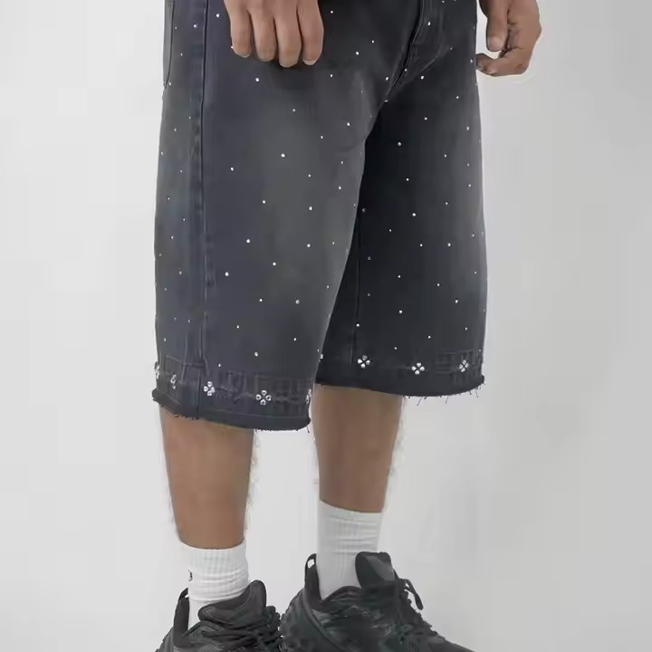 Custom Men's Denim Shorts Streetwear Y2K Crystal Loose Baggy Vintage Washed Rhinestone Denim Shorts