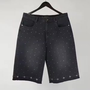 Custom Men's Denim Shorts Streetwear Y2K Crystal Loose Baggy Vintage Washed Rhinestone Denim Shorts