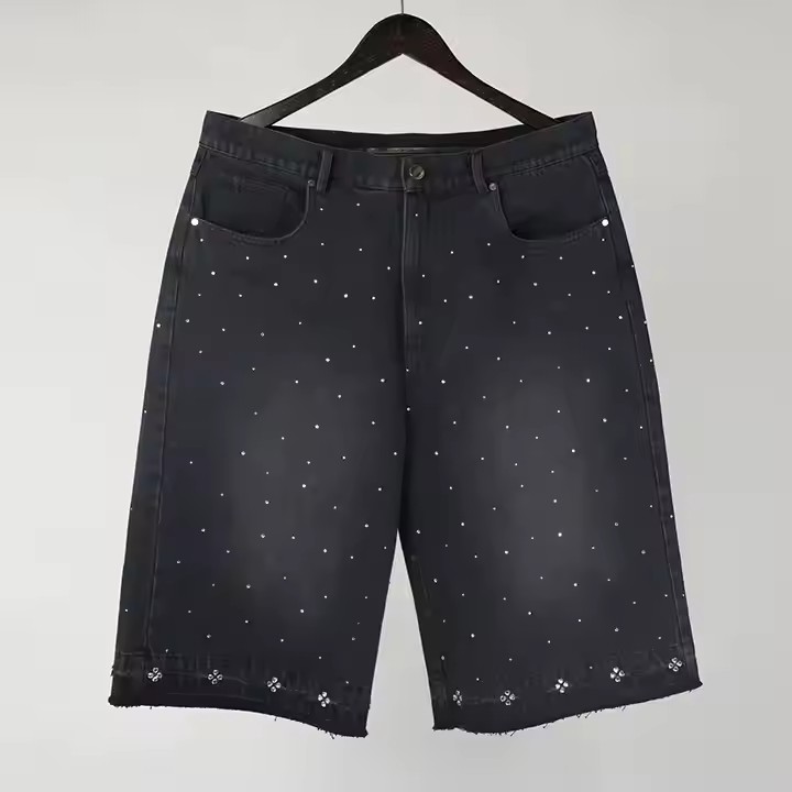 Custom Men's Denim Shorts Streetwear Y2K Crystal Loose Baggy Vintage Washed Rhinestone Denim Shorts