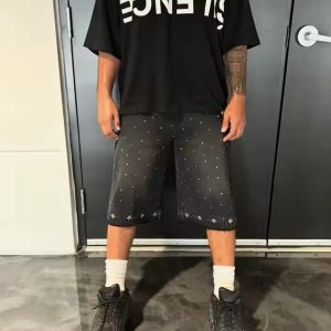Custom Men's Denim Shorts Streetwear Y2K Crystal Loose Baggy Vintage Washed Rhinestone Denim Shorts