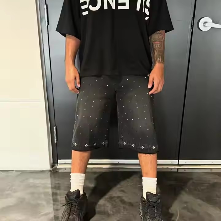 Custom Men's Denim Shorts Streetwear Y2K Crystal Loose Baggy Vintage Washed Rhinestone Denim Shorts