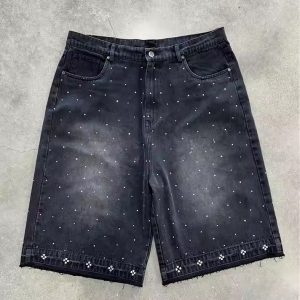 Custom Men's Denim Shorts Streetwear Y2K Crystal Loose Baggy Vintage Washed Rhinestone Denim Shorts