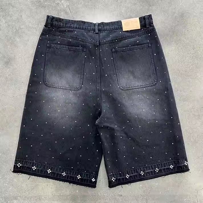 Custom Men's Denim Shorts Streetwear Y2K Crystal Loose Baggy Vintage Washed Rhinestone Denim Shorts