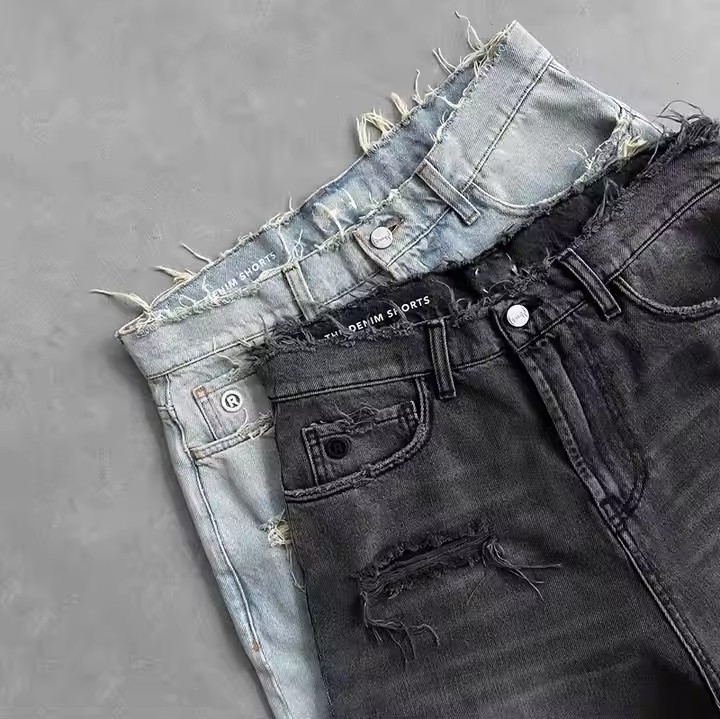Custom High Quality Streetwear Heavy Weight Half Short Pants Vintage Distressed Baggy Flared Denim Shorts Men Jean Shorts