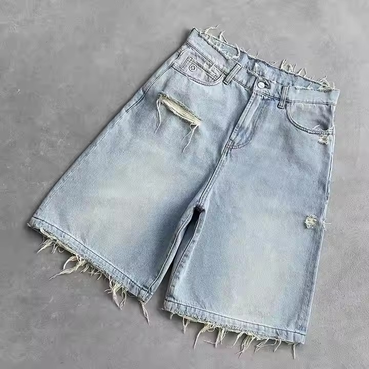 Custom High Quality Streetwear Heavy Weight Half Short Pants Vintage Distressed Baggy Flared Denim Shorts Men Jean Shorts