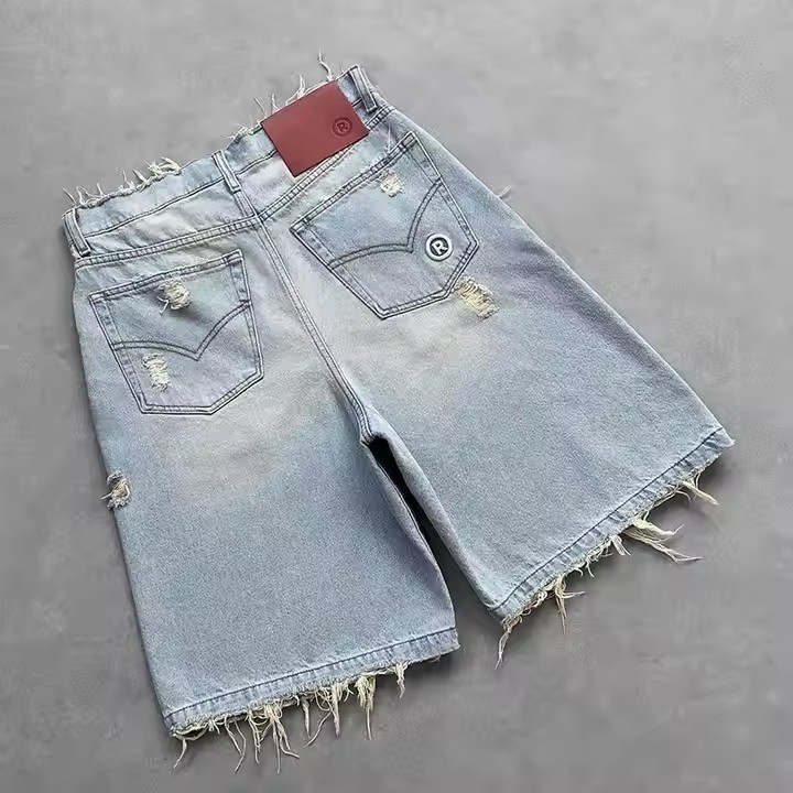 Custom High Quality Streetwear Heavy Weight Half Short Pants Vintage Distressed Baggy Flared Denim Shorts Men Jean Shorts