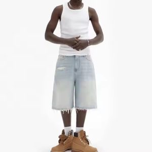 Custom High Quality Streetwear Heavy Weight Half Short Pants Vintage Distressed Baggy Flared Denim Shorts Men Jean Shorts