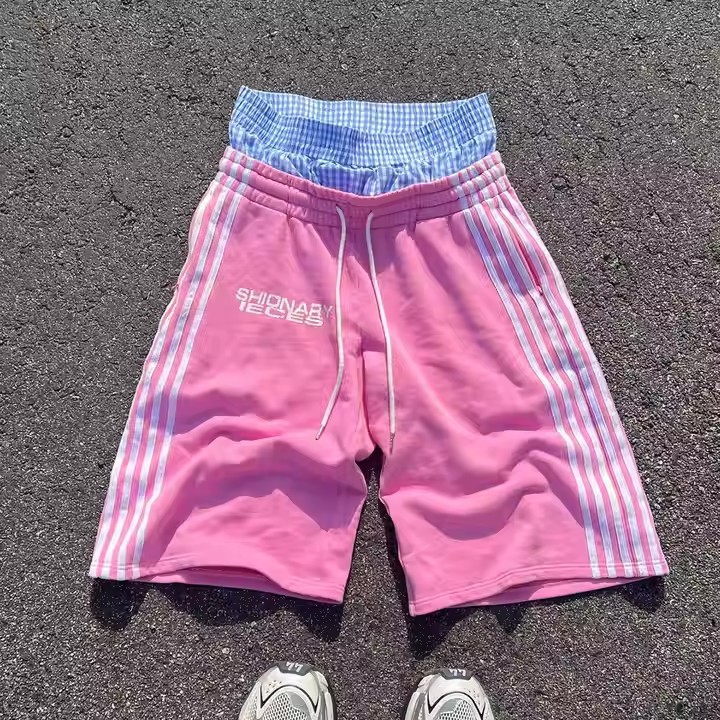 Custom High Quality Streetwear Cotton French Terry Baggy Oversized Double Waist Striped Track Sweat Summer Men Shorts