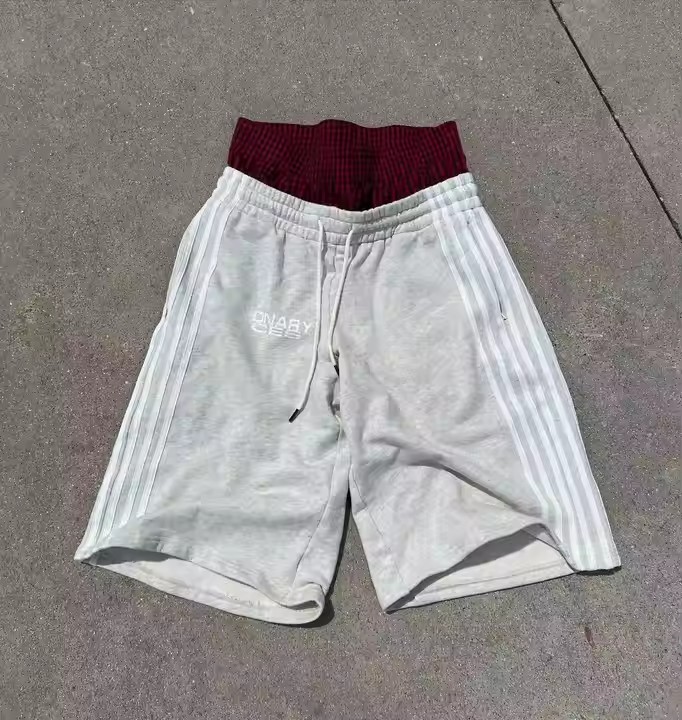 Custom High Quality Streetwear Cotton French Terry Baggy Oversized Double Waist Striped Track Sweat Summer Men Shorts