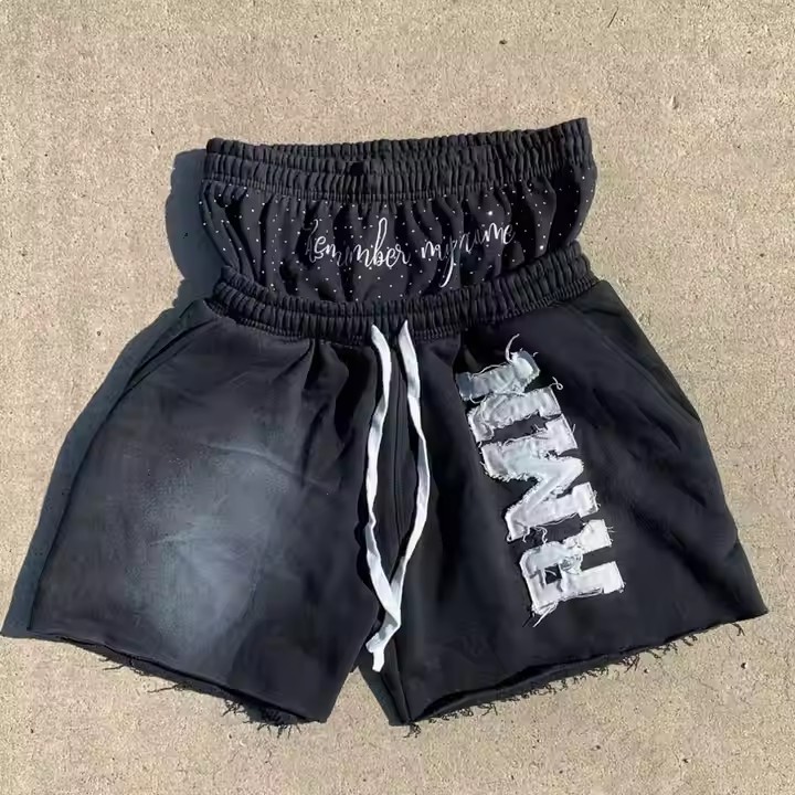 Custom Mens Distressed Embroidery Sweat Shorts Streetwear Heavyweight Cotton French Terryh Acid Washed Double Waist Shorts