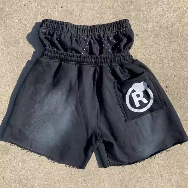 Custom Mens Distressed Embroidery Sweat Shorts Streetwear Heavyweight Cotton French Terryh Acid Washed Double Waist Shorts