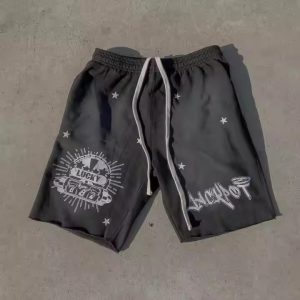 Elastic High Waist Raw Hem Men's Washed Cotton Shorts Custom Sun Faded Acid Wash Distressed French Terry Shorts