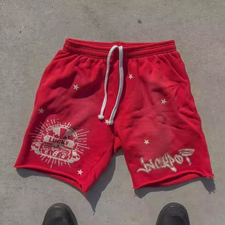 Elastic High Waist Raw Hem Men's Washed Cotton Shorts Custom Sun Faded Acid Wash Distressed French Terry Shorts