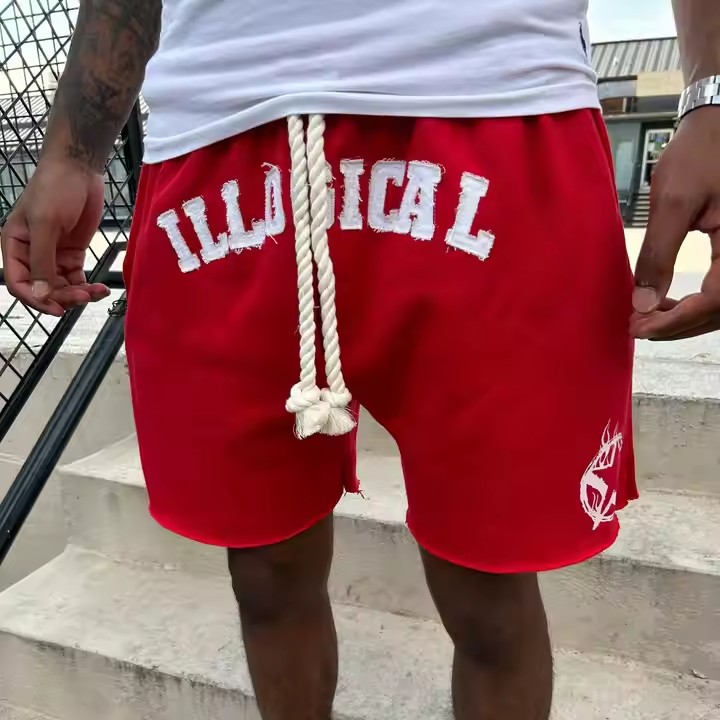 Custom Logo Mens Streetwear Thick Drawstring Vintage Applique Sweat Short Cut Edge Acid Wash Patch Embroidery Shorts