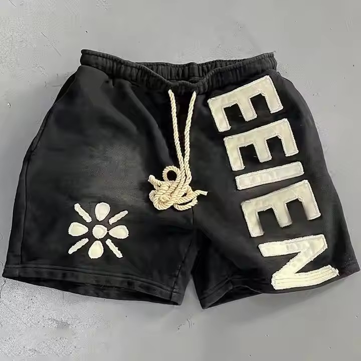 Men's Streetwear Sweat Short Custom Sun Faded Cotton French Terry Applique Patch Embroidery Distresses Vintage Acid Wash Short
