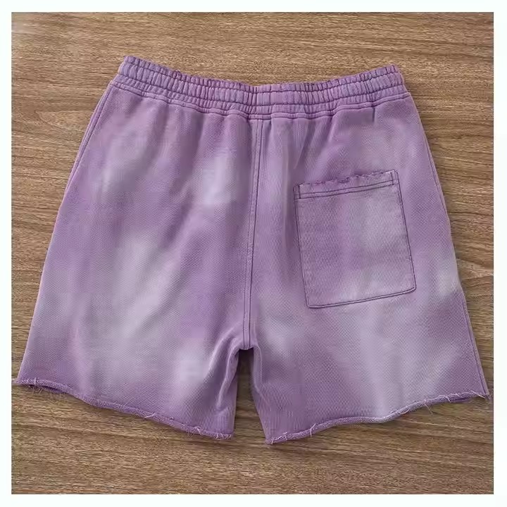 Custom Terry Streetwear Cut Edge Raw Hem Short Pants Vintage Distressed Ripped Hole Acid Washed Sweat Shorts for Men