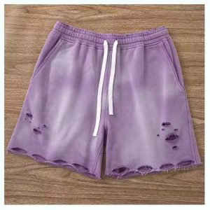 Custom Terry Streetwear Cut Edge Raw Hem Short Pants Vintage Distressed Ripped Hole Acid Washed Sweat Shorts for Men