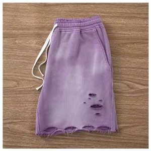 Custom Terry Streetwear Cut Edge Raw Hem Short Pants Vintage Distressed Ripped Hole Acid Washed Sweat Shorts for Men
