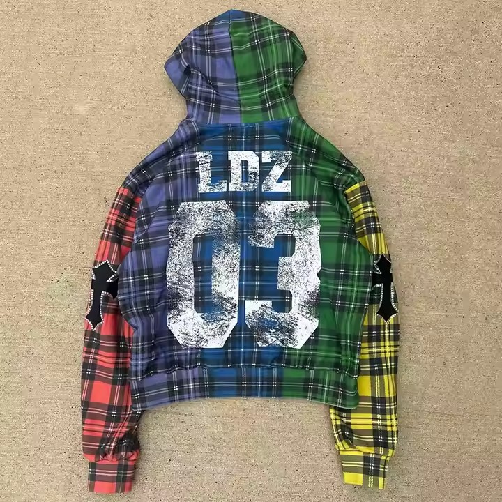 Acid Wash Distressed Rhinestone Boxy Cropped Oversized Drop Shoulder Zip up Jackets Men Custom Plaid Flannel Hoodie