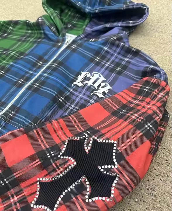 Acid Wash Distressed Rhinestone Boxy Cropped Oversized Drop Shoulder Zip up Jackets Men Custom Plaid Flannel Hoodie