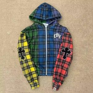 Acid Wash Distressed Rhinestone Boxy Cropped Oversized Drop Shoulder Zip up Jackets Men Custom Plaid Flannel Hoodie
