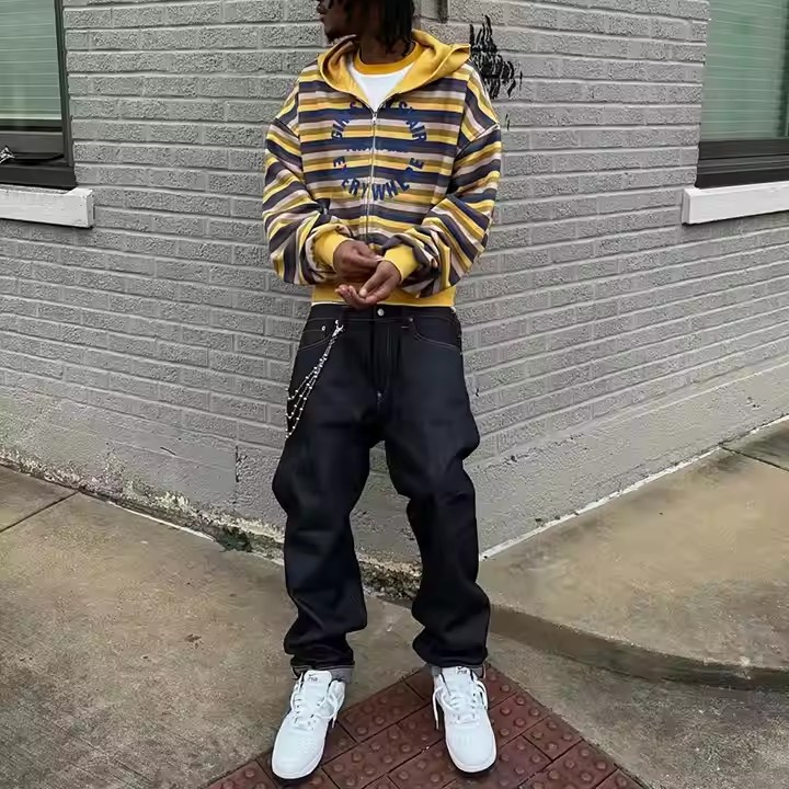 Custom New Striped Zip up Hoodie for Men Oversized Boxy Fit Heavyweight Striped French Terry Hoodies Manufacturer
