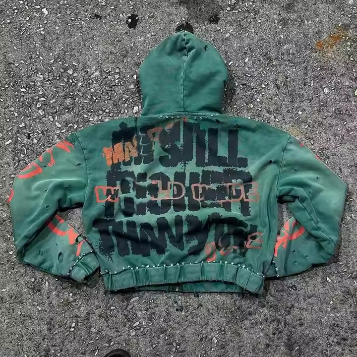 Custom 500gsm Heavyweight Cotton Oversized Streetwear Boxy Cropped Hoodies Acid Wash Printed Rhinestone Zipper Hoodie for Men