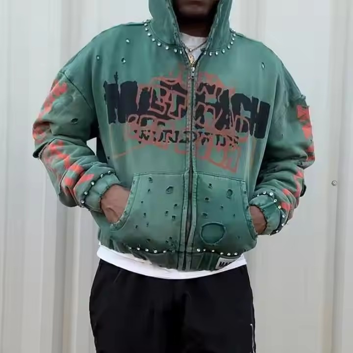 Custom 500gsm Heavyweight Cotton Oversized Streetwear Boxy Cropped Hoodies Acid Wash Printed Rhinestone Zipper Hoodie for Men