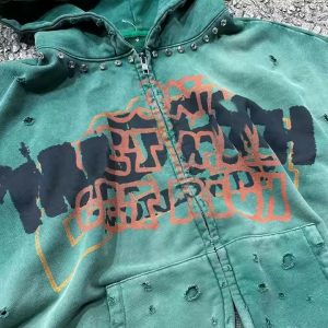 Custom 500gsm Heavyweight Cotton Oversized Streetwear Boxy Cropped Hoodies Acid Wash Printed Rhinestone Zipper Hoodie for Men