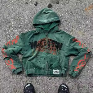 Custom 500gsm Heavyweight Cotton Oversized Streetwear Boxy Cropped Hoodies Acid Wash Printed Rhinestone Zipper Hoodie for Men