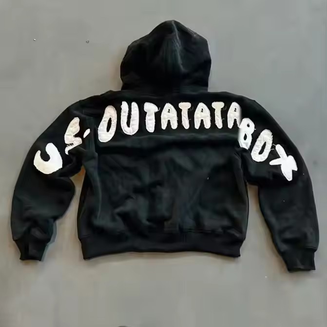 Custom Zip up Heavyweight Cotton Terry Boxy Cropped Hoodies Distressed Patch Embroidery Applique Hoodie for Men