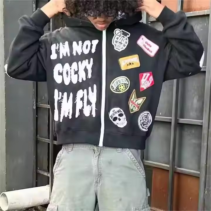 Custom Zip up Heavyweight Cotton Terry Boxy Cropped Hoodies Distressed Patch Embroidery Applique Hoodie for Men