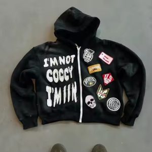 Custom Zip up Heavyweight Cotton Terry Boxy Cropped Hoodies Distressed Patch Embroidery Applique Hoodie for Men