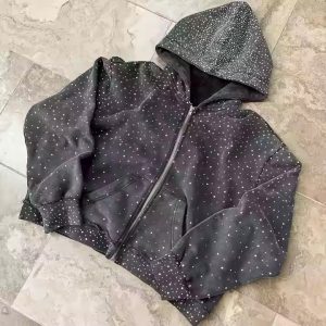 MACTING Oem Heavyweight Zipper Hoodie Custom 100% Cotton Terry Hoody Sweatshirt Streetwear Rhinestone Zip up Hoodie for Men