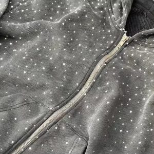 MACTING Oem Heavyweight Zipper Hoodie Custom 100% Cotton Terry Hoody Sweatshirt Streetwear Rhinestone Zip up Hoodie for Men