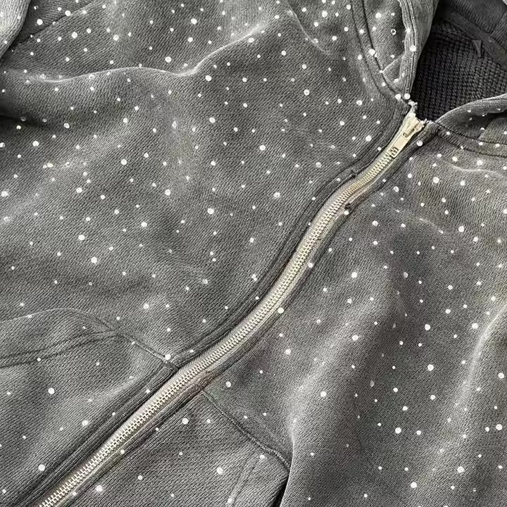 MACTING Oem Heavyweight Zipper Hoodie Custom 100% Cotton Terry Hoody Sweatshirt Streetwear Rhinestone Zip up Hoodie for Men