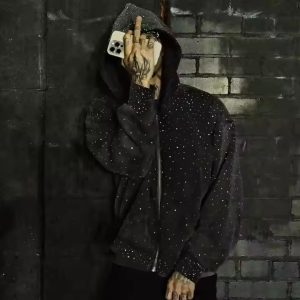 MACTING Oem Heavyweight Zipper Hoodie Custom 100% Cotton Terry Hoody Sweatshirt Streetwear Rhinestone Zip up Hoodie for Men