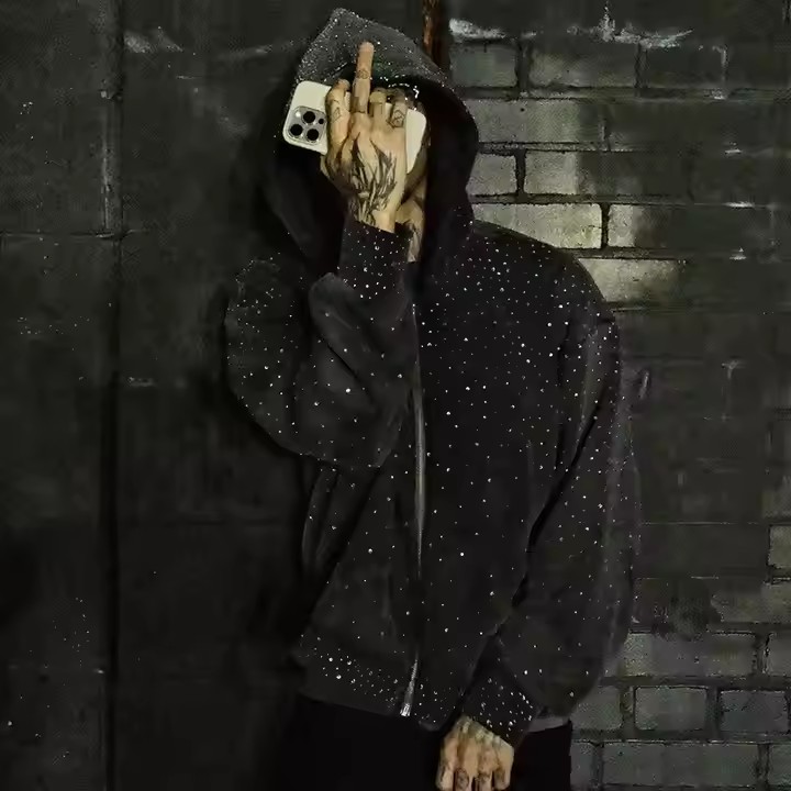 MACTING Oem Heavyweight Zipper Hoodie Custom 100% Cotton Terry Hoody Sweatshirt Streetwear Rhinestone Zip up Hoodie for Men