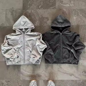 MACTING Oem Heavyweight Zipper Hoodie Custom 100% Cotton Terry Hoody Sweatshirt Streetwear Rhinestone Zip up Hoodie for Men