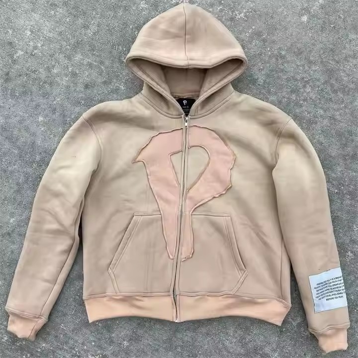 Custom Vintage Faded Oversized French Terry Boxy Cropped Hoodie Mens Distressed Applique Embroidery Acid Wash Zip up Hoodie