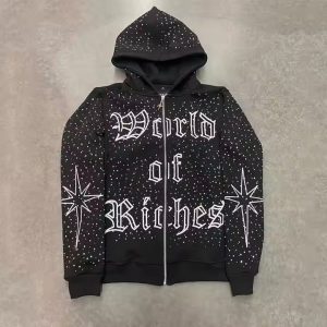 High Quality Embroidery Zip Hoodie Heavyweight Cotton French Terry Oversized Hoodies Custom Zipper Rhinestone Zip up Hoodie
