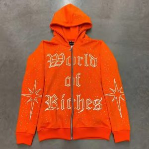 High Quality Embroidery Zip Hoodie Heavyweight Cotton French Terry Oversized Hoodies Custom Zipper Rhinestone Zip up Hoodie
