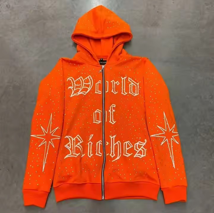 High Quality Embroidery Zip Hoodie Heavyweight Cotton French Terry Oversized Hoodies Custom Zipper Rhinestone Zip up Hoodie