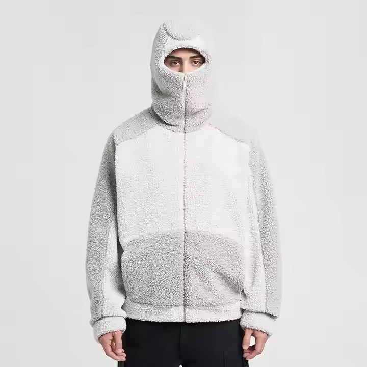 Custom Winter Warm Thick Fleece Fluffy Color Blocked Embroidery Heavyweight Half Face Zip up Masked Sherpa Ninja Hoodie