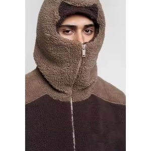 Custom Winter Warm Thick Fleece Fluffy Color Blocked Embroidery Heavyweight Half Face Zip up Masked Sherpa Ninja Hoodie