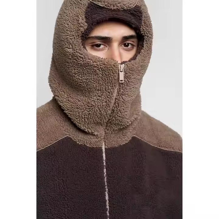 Custom Winter Warm Thick Fleece Fluffy Color Blocked Embroidery Heavyweight Half Face Zip up Masked Sherpa Ninja Hoodie