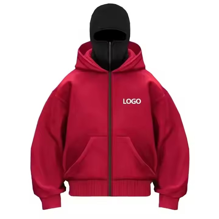 Custom Embroidery Printing Logo Heavyweight Double Layer Ninja Masked French Terry Acid Wash Full Zip up Balaclava Hoodie