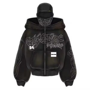 Custom Embroidery Printing Logo Heavyweight Double Layer Ninja Masked French Terry Acid Wash Full Zip up Balaclava Hoodie