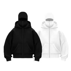 Custom Embroidery Printing Logo Heavyweight Double Layer Ninja Masked French Terry Acid Wash Full Zip up Balaclava Hoodie